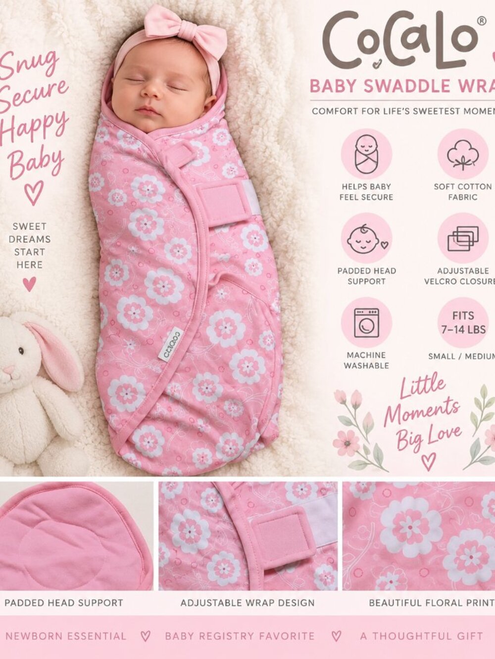 CoCaLo Baby Swaddle Wrap Pink Floral Cotton Cocoon Newborn Infant Girl 7-14 lbs